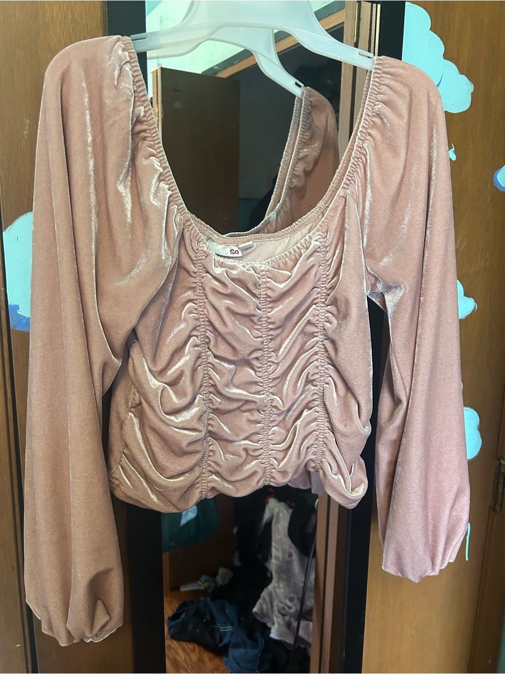 SO Rose Pink Ruched Velvet Long-Sleeve Crop Top